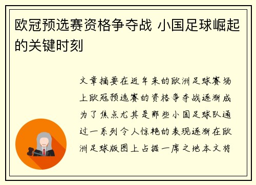欧冠预选赛资格争夺战 小国足球崛起的关键时刻