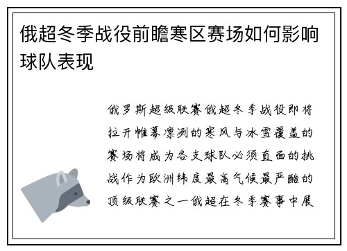 俄超冬季战役前瞻寒区赛场如何影响球队表现